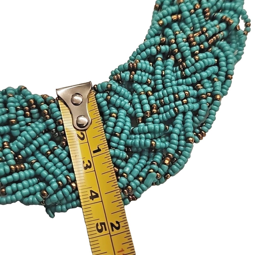Turquoise Braided Seed Bead Bib Necklace Women OS Teal Multi-Strand 16"X1.5" - Picture 6 of 9